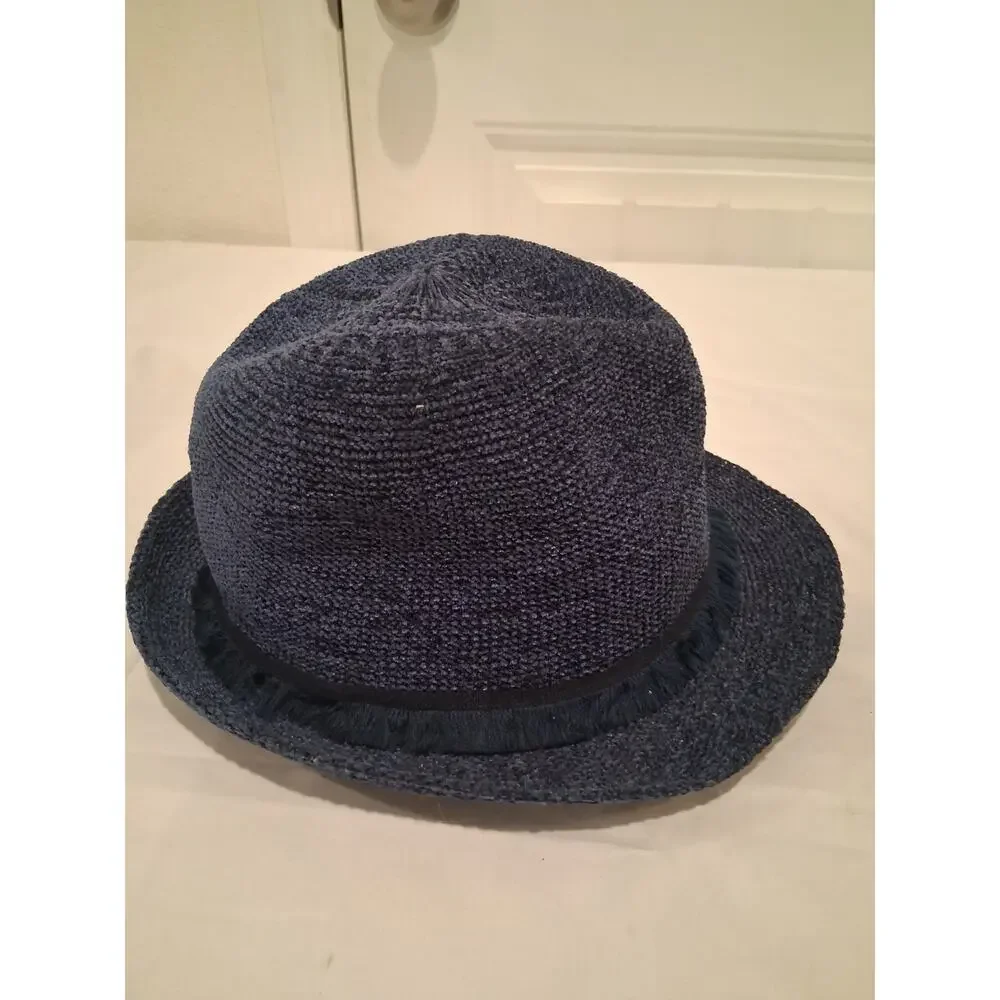 Kohl's Women's Navy Blue Knit Fedora Panama Hat Black Fringe Ribbon Band O/S